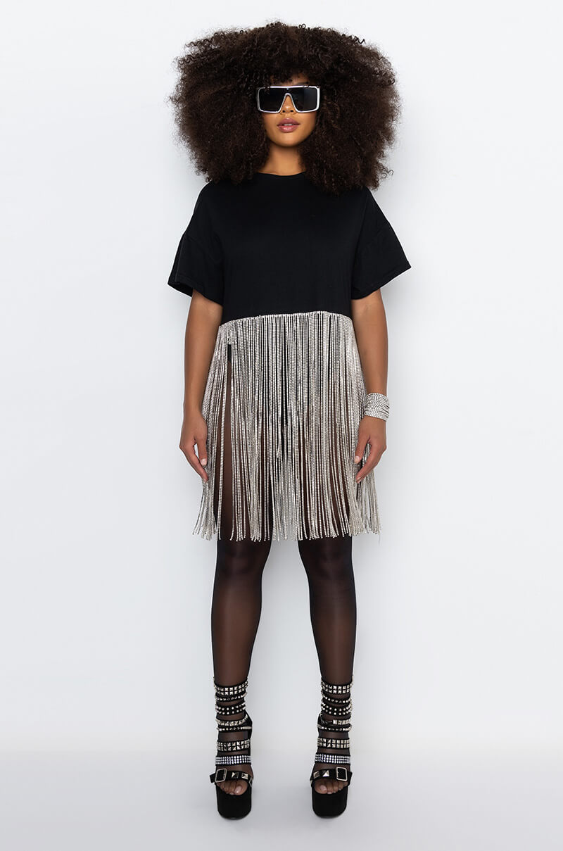 Extra View Shake It Off T Shirt With Rhinestone Fringe