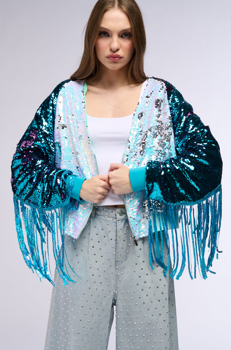 Side View Shake It Sequin Bomber With Fringe