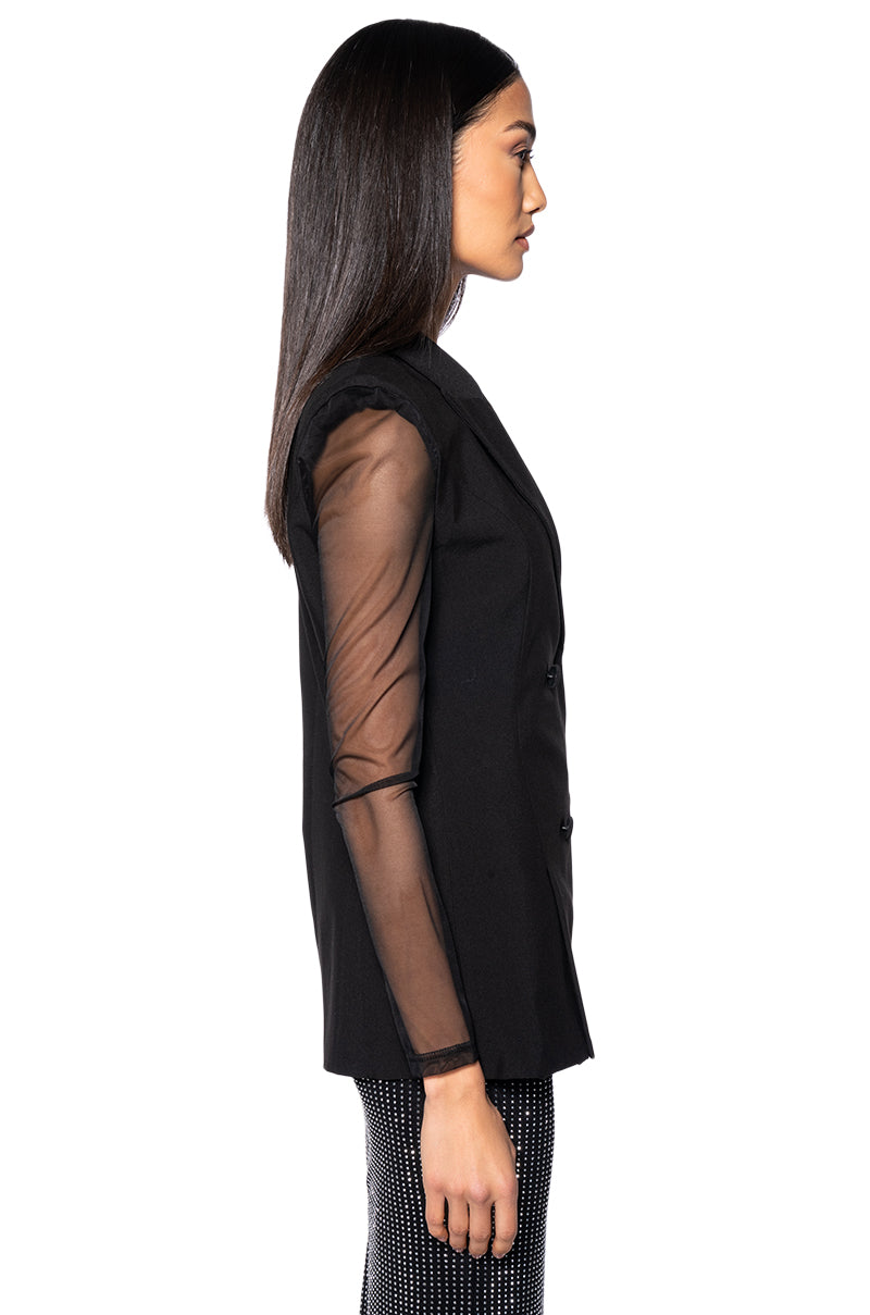 Detail View Sharp Shoulder Mesh Long Sleeve Blazer Vest