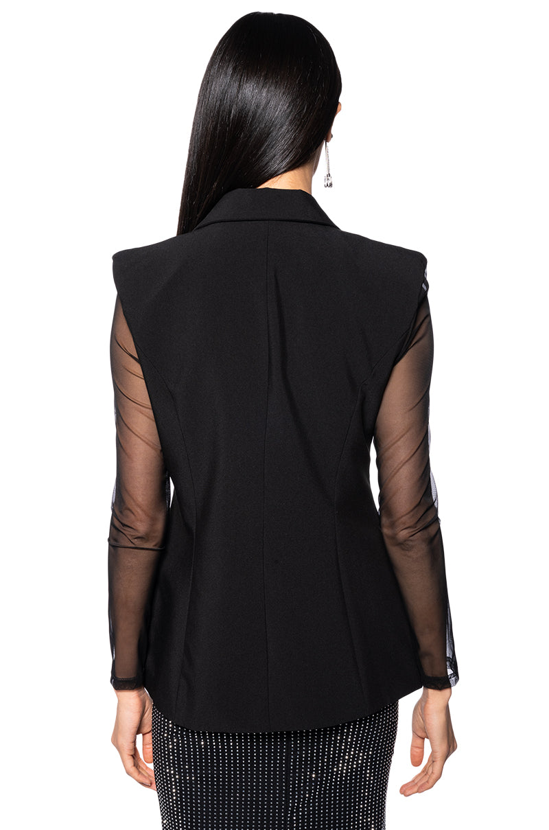 Full View Sharp Shoulder Mesh Long Sleeve Blazer Vest