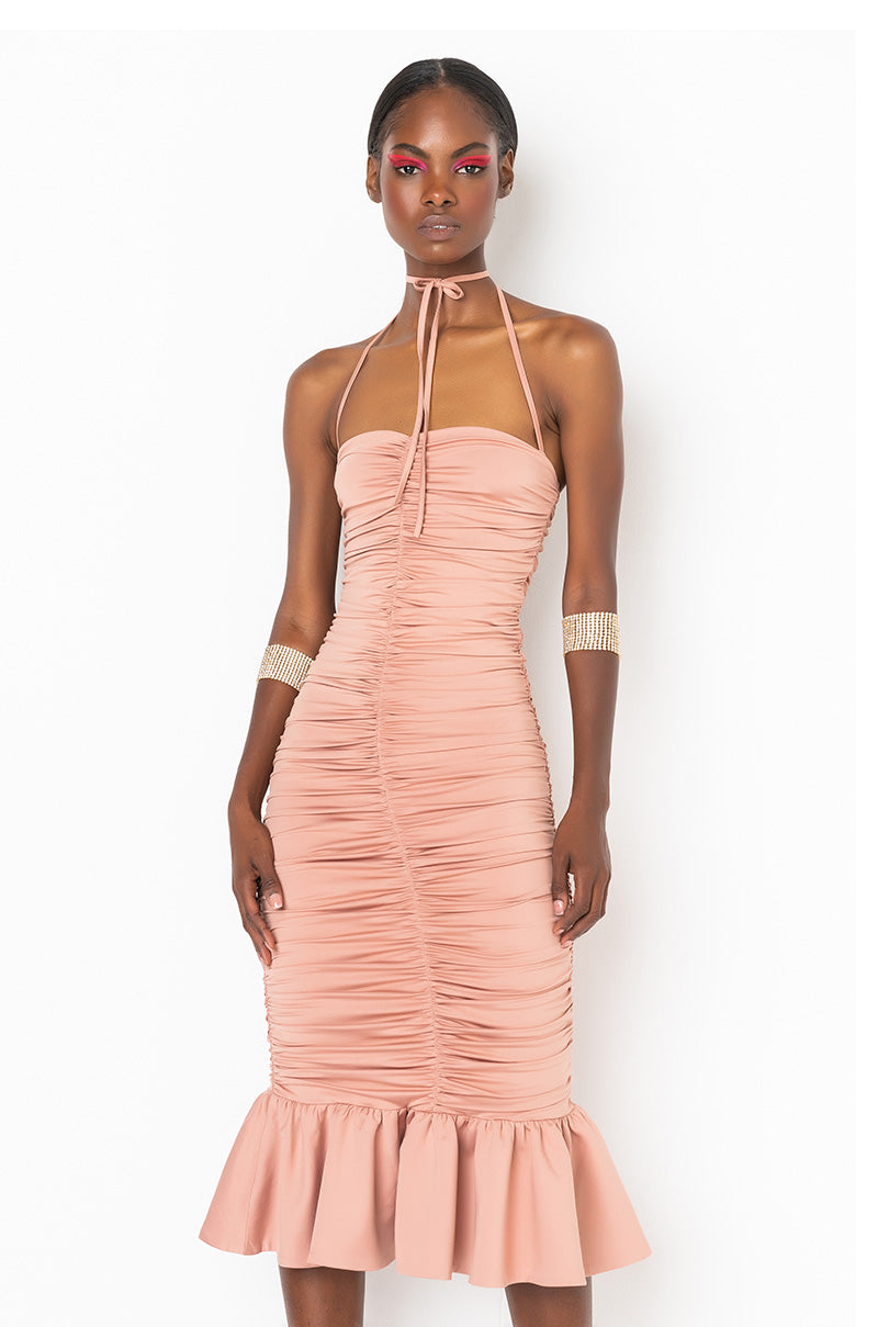 Front View She Got Her Own Ruched Midi Dress in Mauve