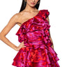 Front View She Is Beauty Satin Brocade Ruffle Mini Dress In Pink Multi