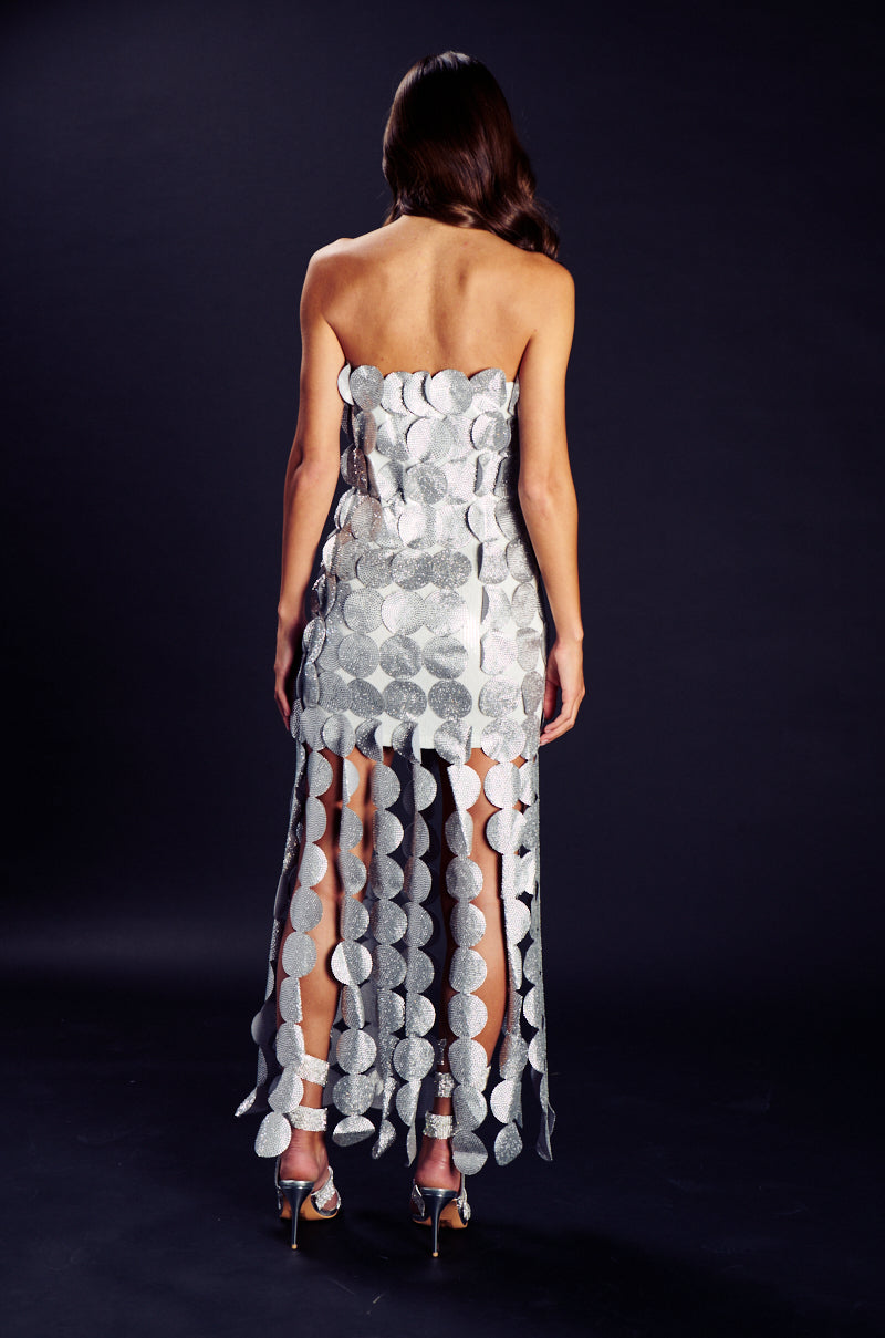 Full View She Is The Moment Strapless Rhinestone Disc Maxi Dress