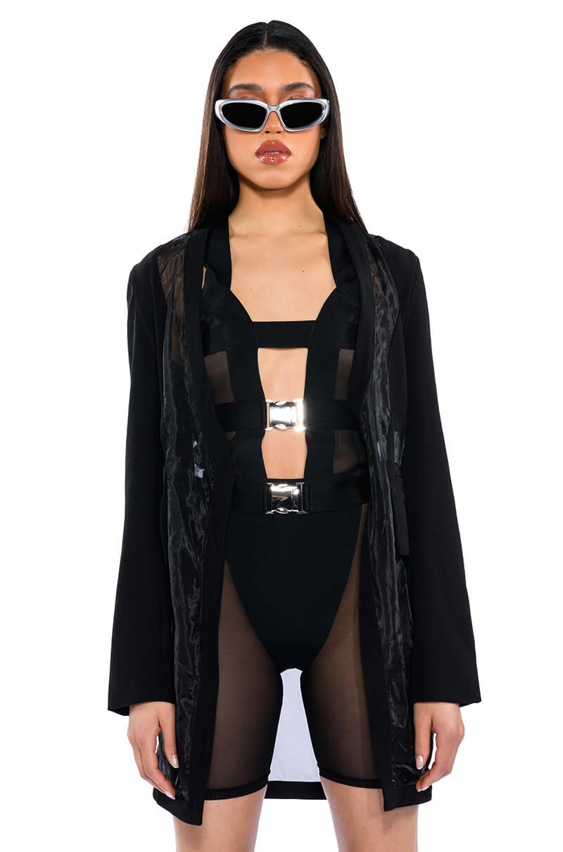 Front View Sheer Illusion Mesh Cut Out Blazer