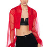 Front View Sheer Mesh Stacked Arm Bomber In Red