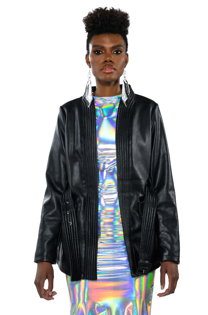 Side View Shes A Ten Belted Faux Leather Moto Blazer
