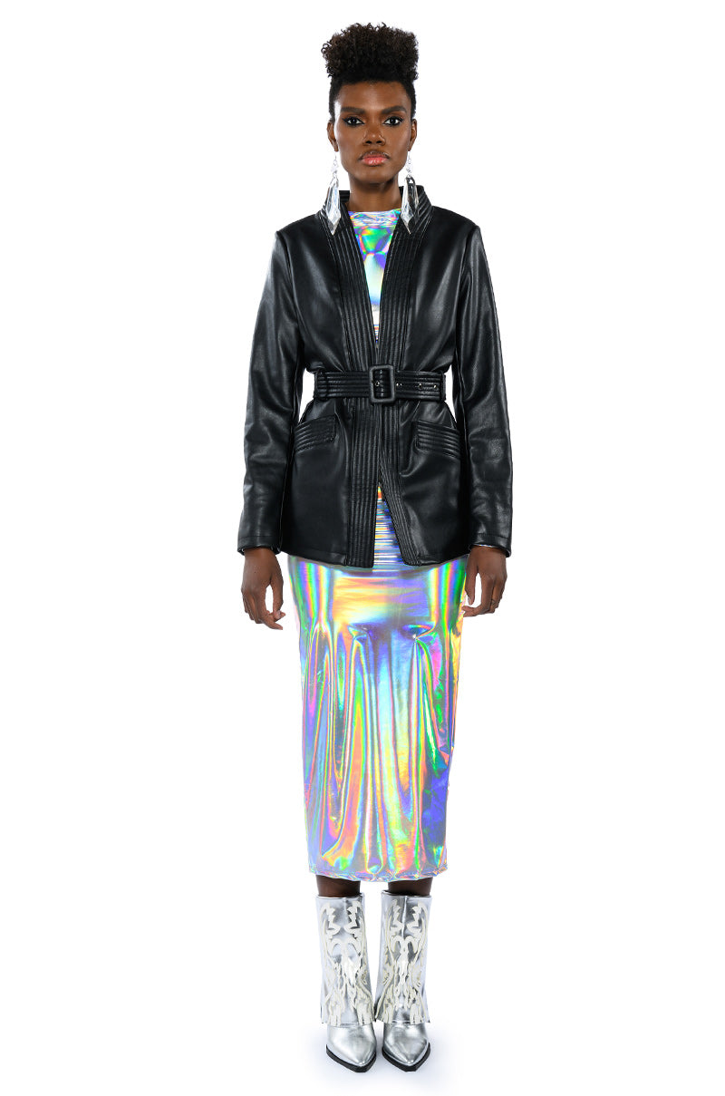 Full View Shes A Ten Belted Faux Leather Moto Blazer
