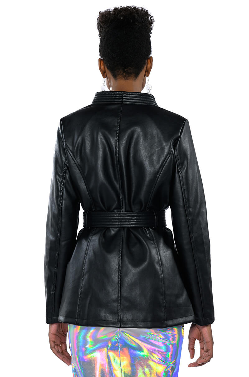 Extra View Shes A Ten Belted Faux Leather Moto Blazer