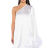 Front View Shes All That One Sleeve Feather Mini Dress In White