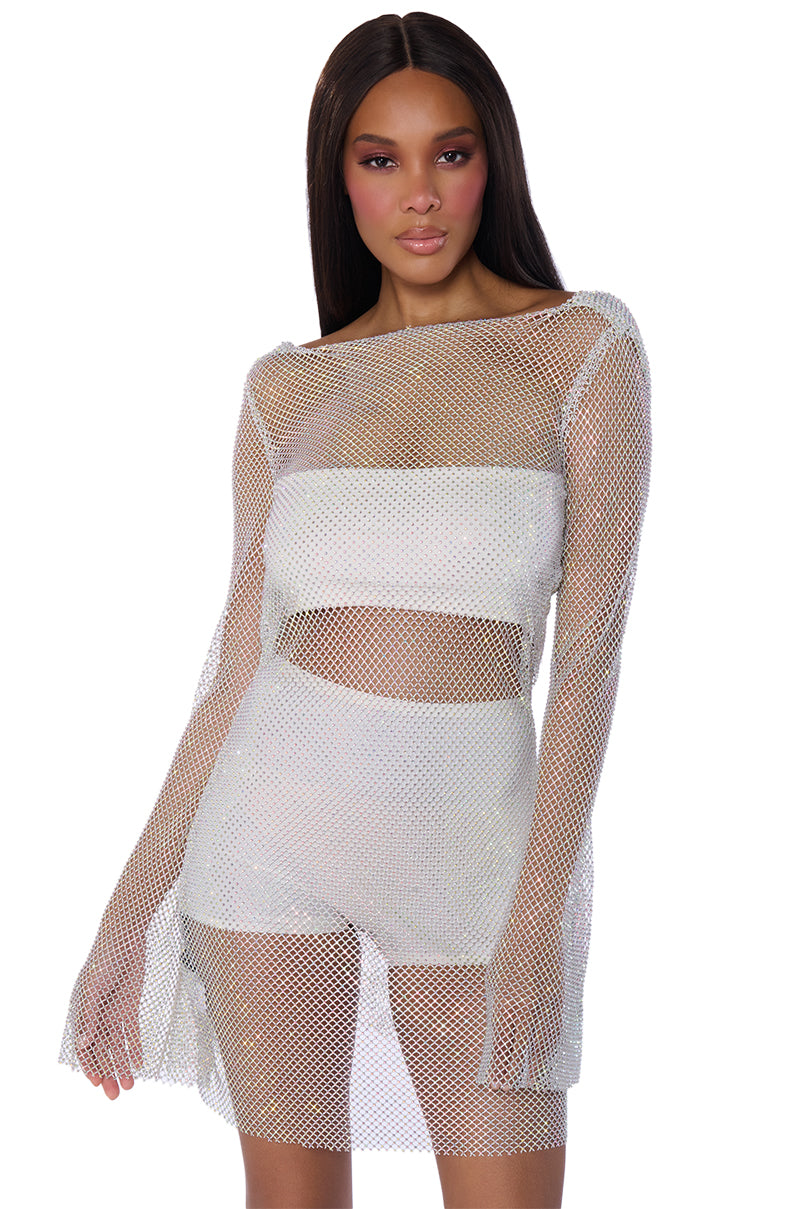 Front View Shes All That Rhinestone Mesh Mini Dress In White