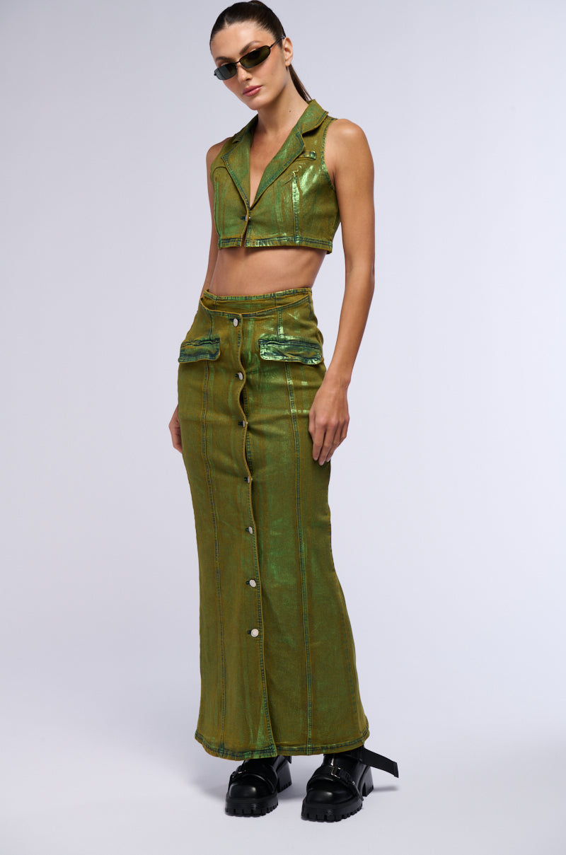 Extra View Shes Glowing Metallic Denim Halter Top