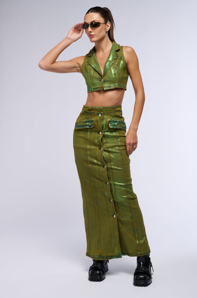 Extra View Shes Glowing Metallic Denim Halter Top