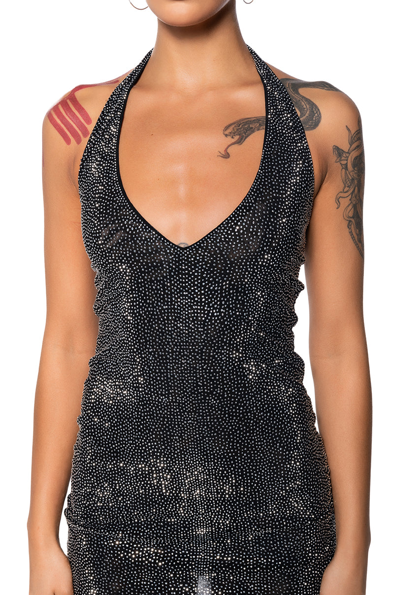 SHES GLOWING RHINESTONE MINI DRESS IN BLACK AKIRA SHES GLOWING RHINESTONE MINI DRESS IN BLACK AKIRA