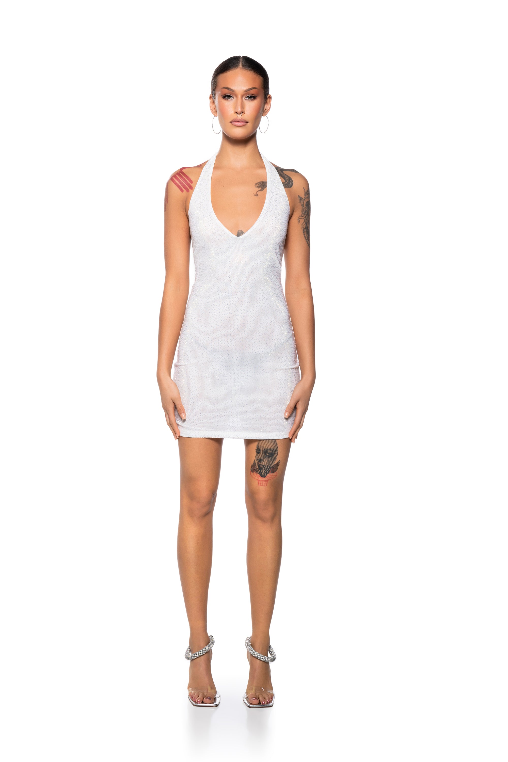SHES GLOWING RHINESTONE MINI DRESS IN WHITE AKIRA SHES GLOWING RHINESTONE MINI DRESS IN WHITE AKIRA