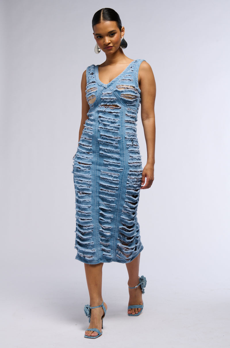 Back View Shes Got It Shredded Denim Midi Dress