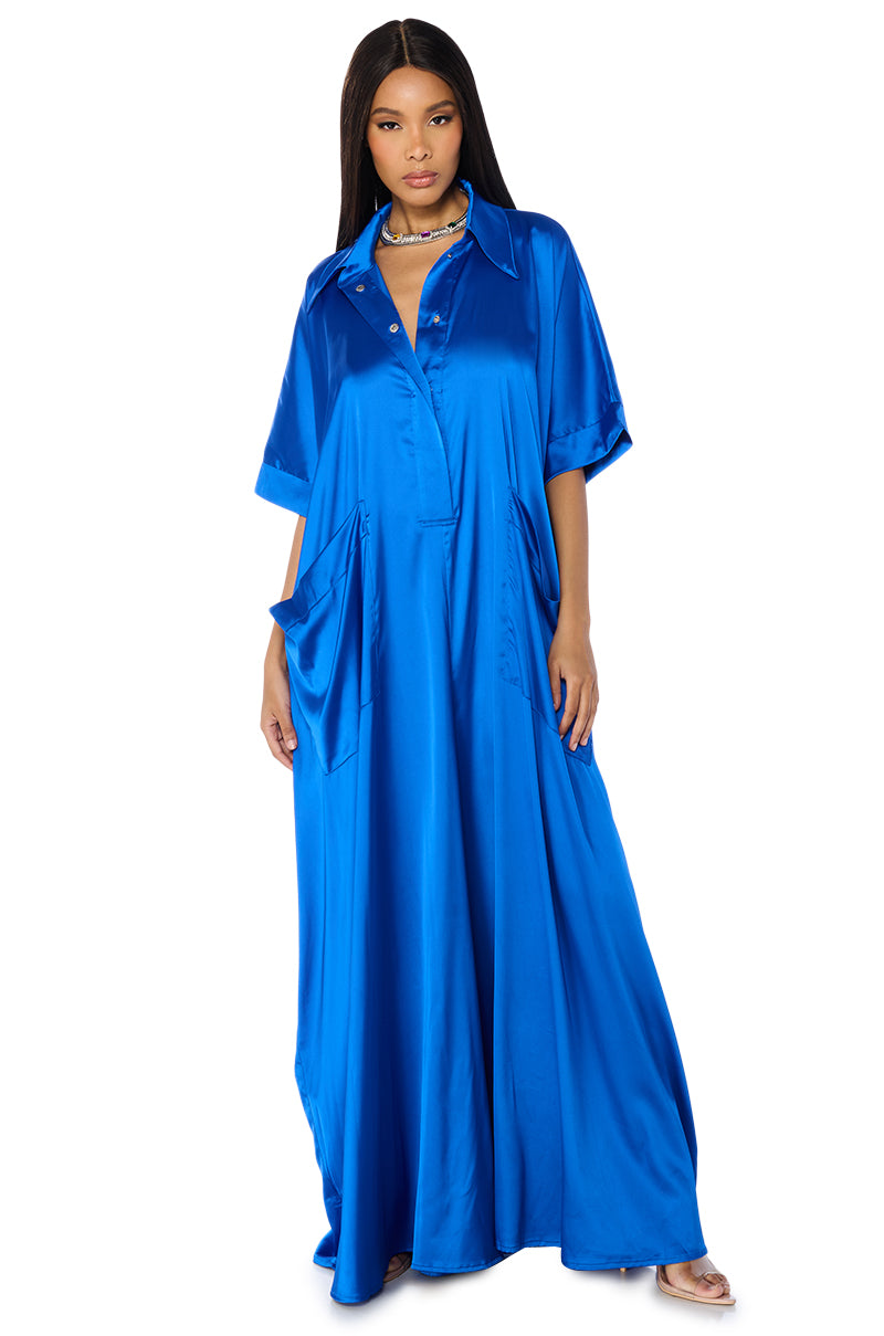 Side View Shes Rich Oversized Satin Jumpsuit In Blue 1
