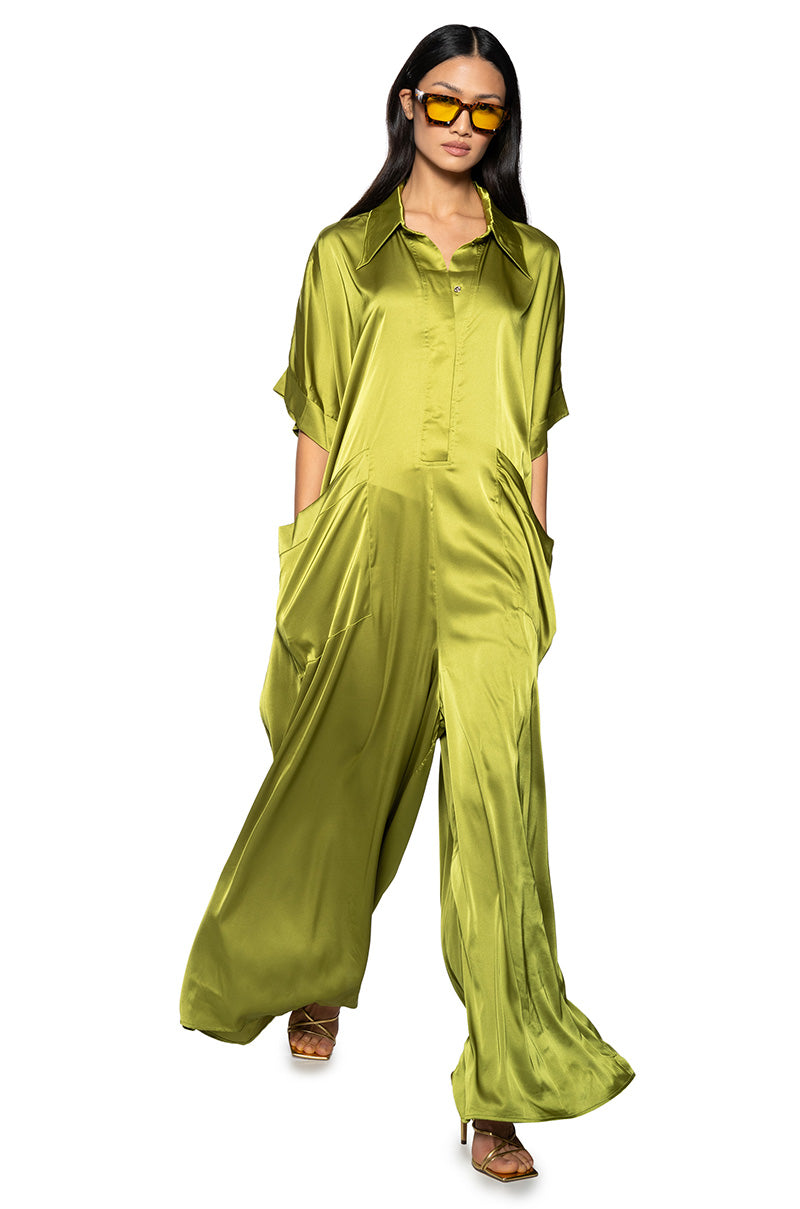 Front View Shes Rich Oversized Satin Jumpsuit In Green