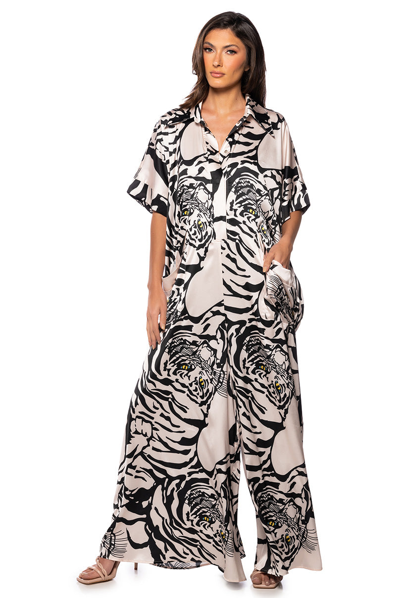 Front View Shes Rich Oversized Satin Jumpsuit In Multi