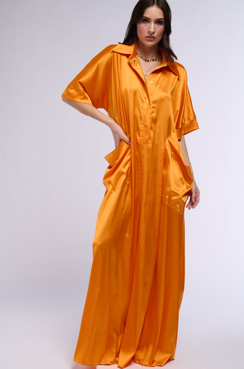 Front View Shes Rich Oversized Satin Jumpsuit In Orange 0