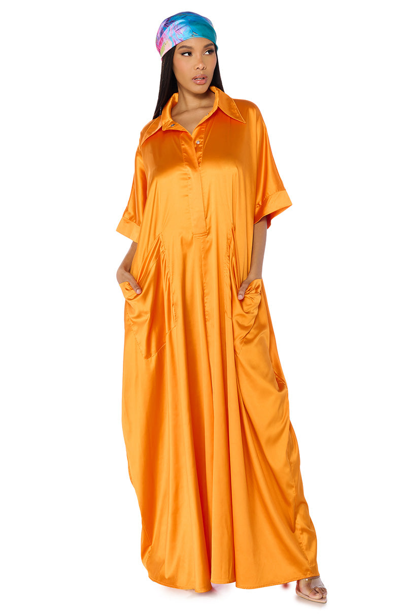 Front View Shes Rich Oversized Satin Jumpsuit In Orange 7