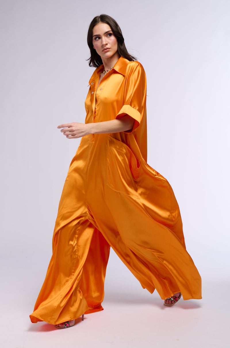 Side View Shes Rich Oversized Satin Jumpsuit In Orange 1
