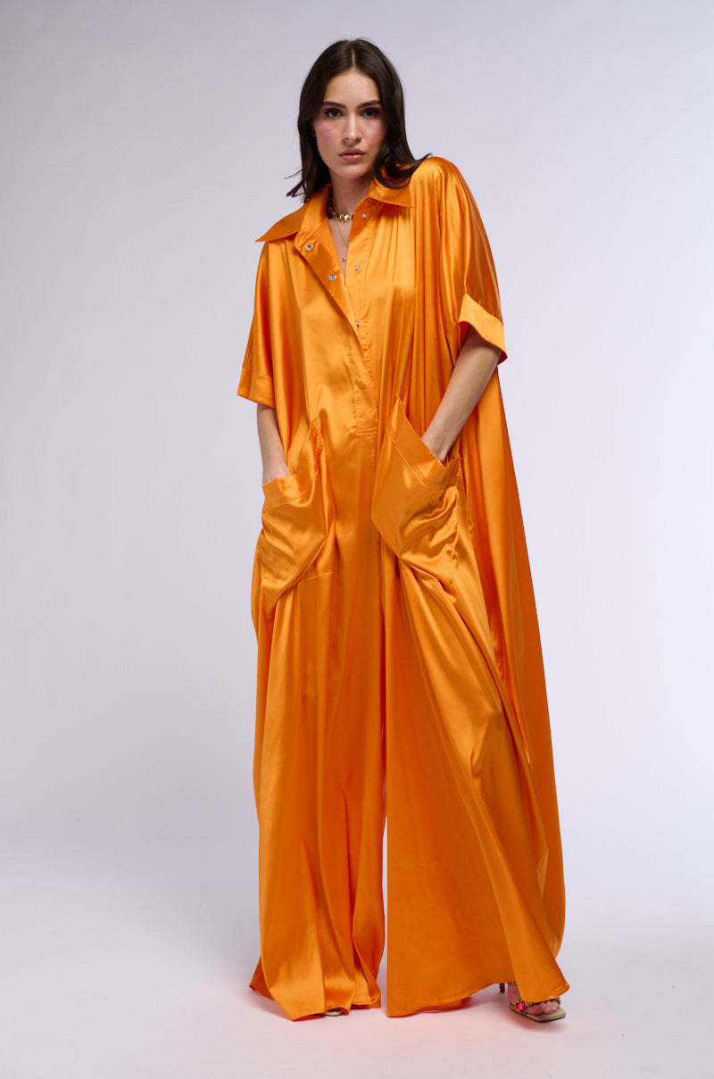 Back View Shes Rich Oversized Satin Jumpsuit In Orange 2