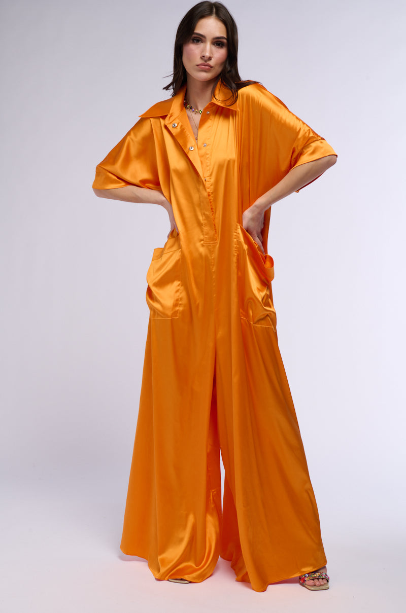 Detail View Shes Rich Oversized Satin Jumpsuit In Orange 3