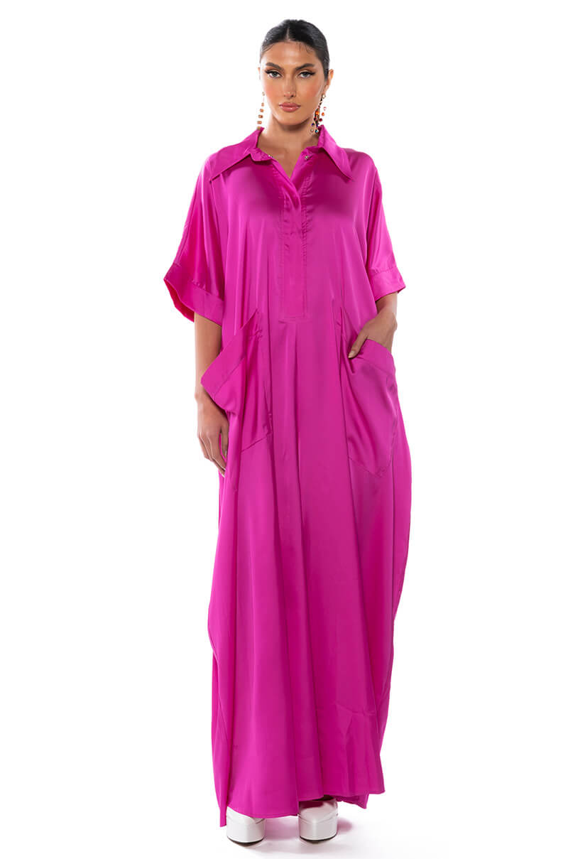 Front View Shes Rich Oversized Satin Jumpsuit In Pink