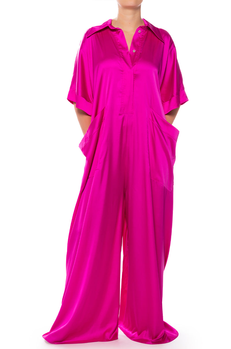 Front View Shes Rich Oversized Satin Jumpsuit In Pink