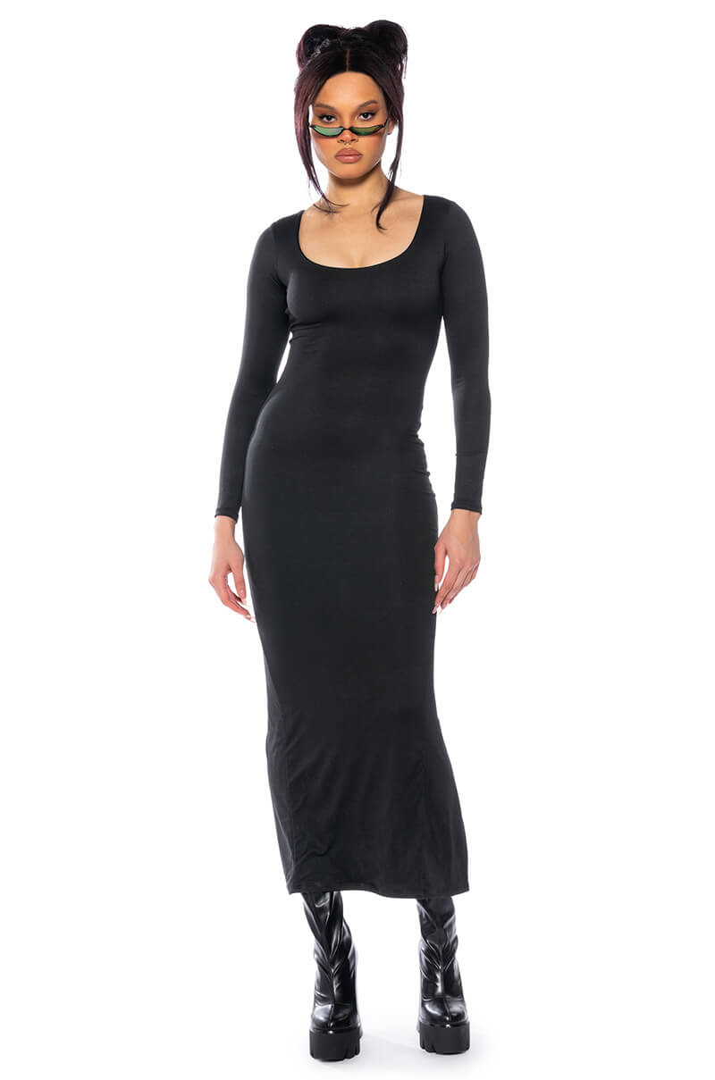Front View Shes Sleek Double Layer Maxi Dress In Black