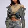 Front View Shia Layered Denim Open Shoulder Top