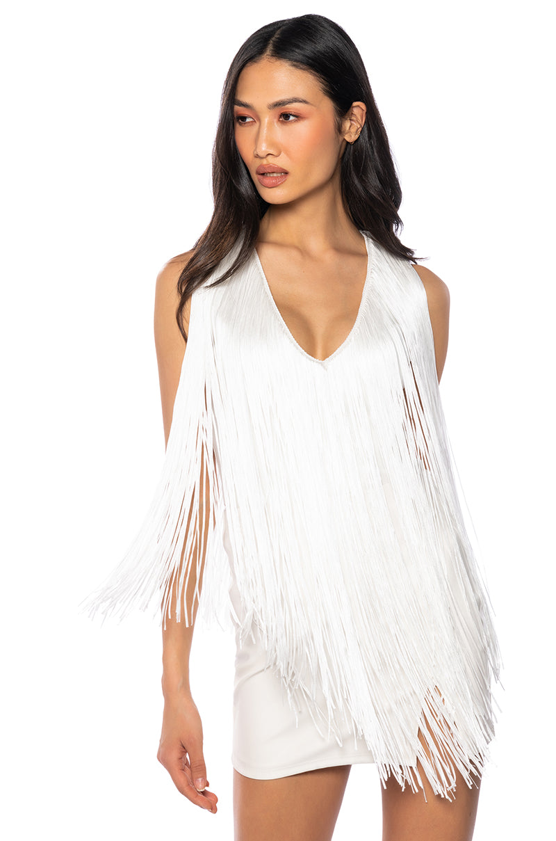 Front View Shiloh Sleeveless Fringe Top In White