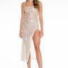 Front View Shimmer Queen Sequin Maxi Dress