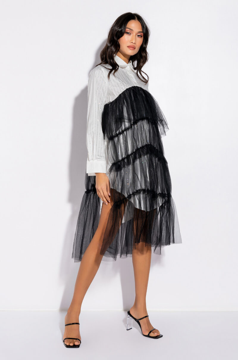 SHINE ON TULLE SHIRT DRESS WITH RHINESTONE PIN STRIPE view 0