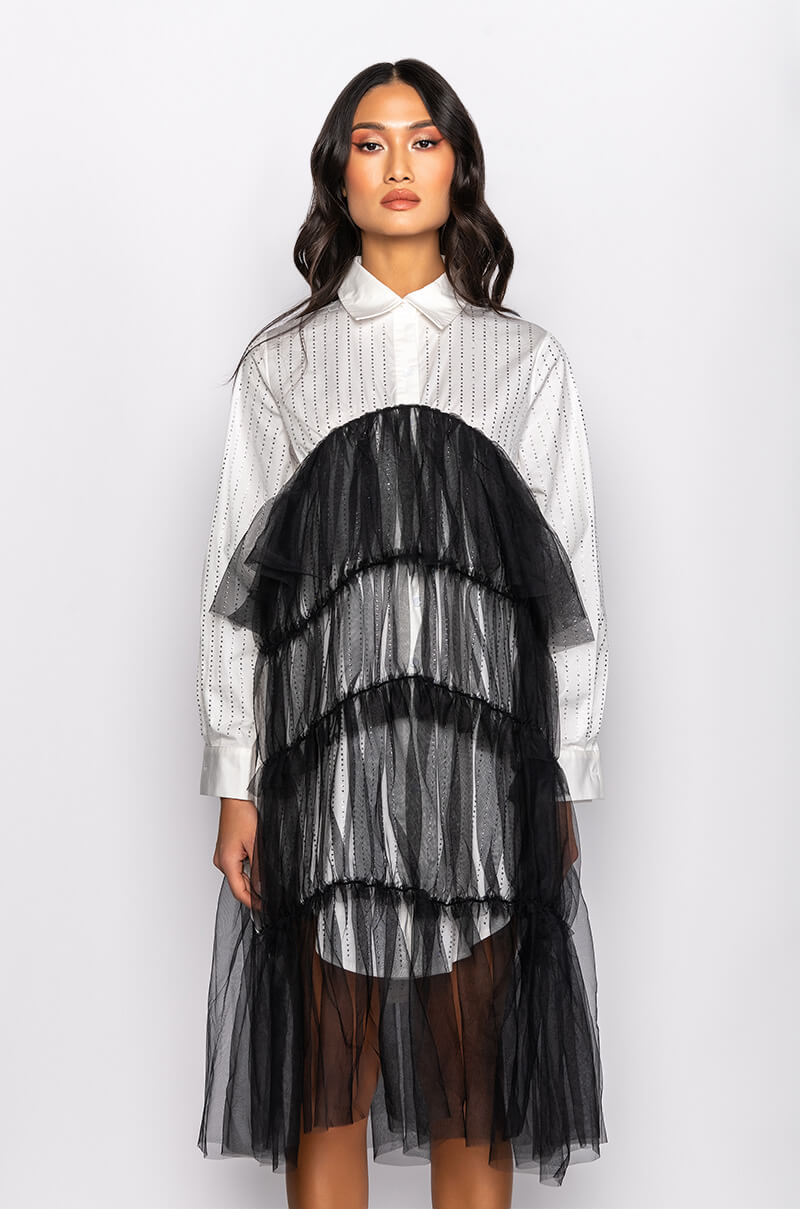 Side View Shine On Tulle Shirt Dress With Rhinestone Pin Stripe