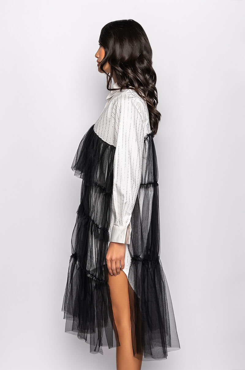 Back View Shine On Tulle Shirt Dress With Rhinestone Pin Stripe