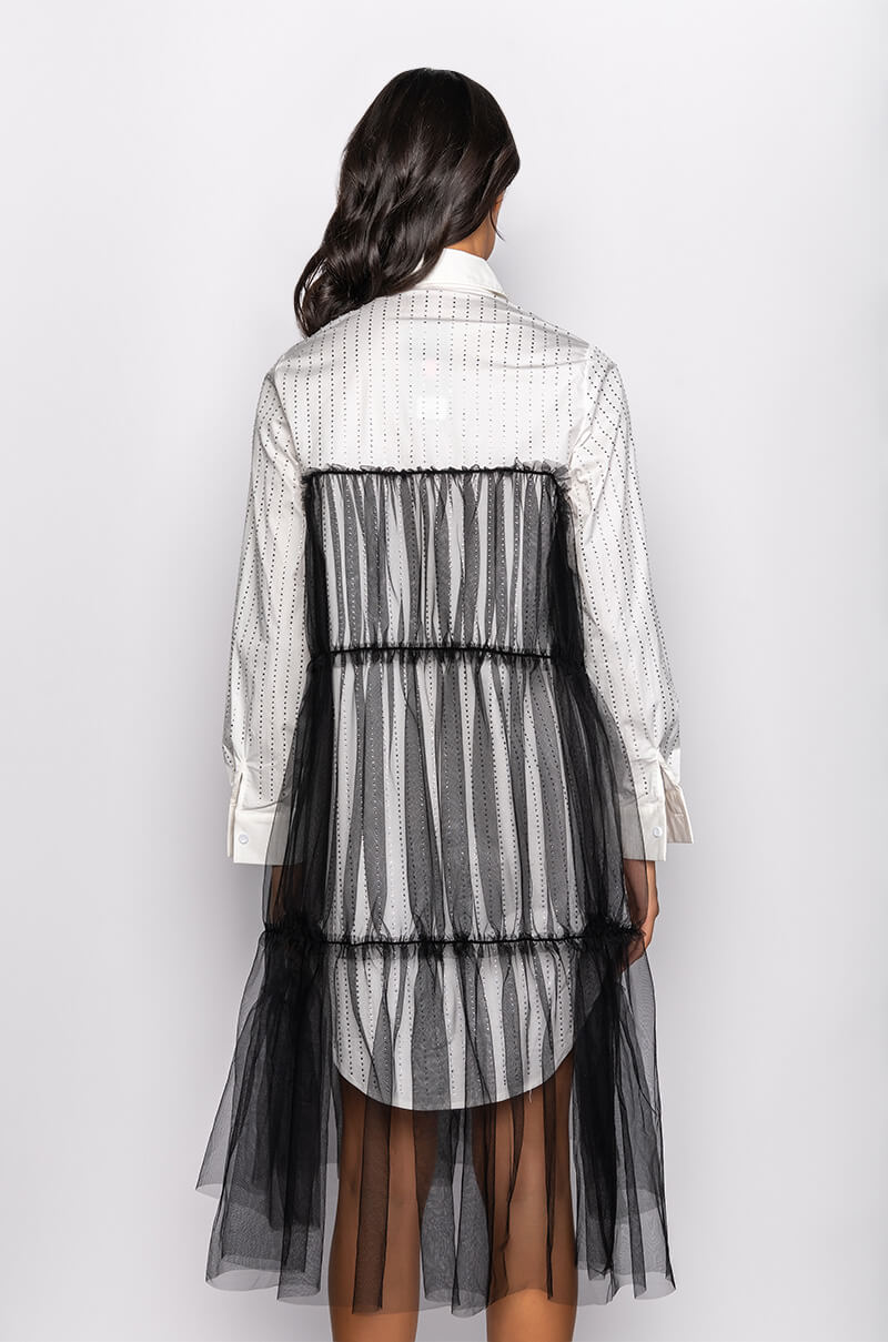 SHINE ON TULLE SHIRT DRESS WITH RHINESTONE PIN STRIPE AKIRA SHINE ON TULLE SHIRT DRESS WITH RHINESTONE PIN STRIPE AKIRA