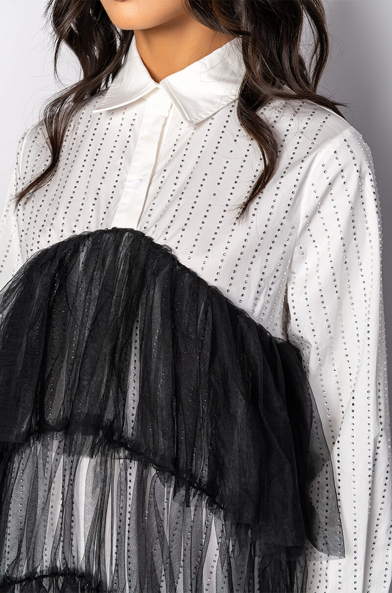 Full View Shine On Tulle Shirt Dress With Rhinestone Pin Stripe