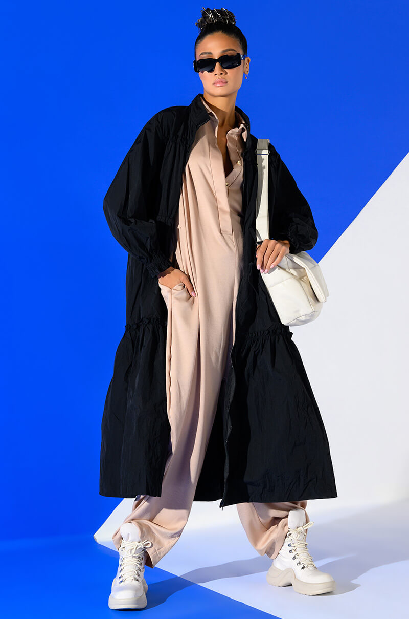 Front View Shoot Your Shot Drawstring Trench Maxi Dress