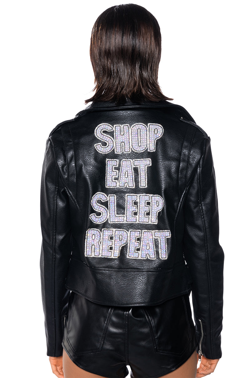 Extra View Shop Eat Sleep Repeat Embellished Faux Leather Moto Jacket