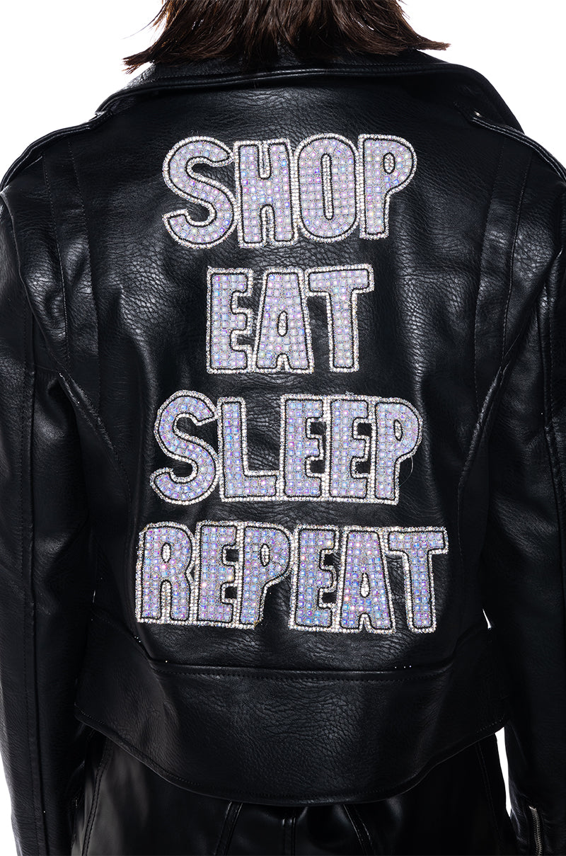 Extra View Shop Eat Sleep Repeat Embellished Faux Leather Moto Jacket