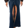 Front View Show It Off Front Slit Denim Maxi Skirt