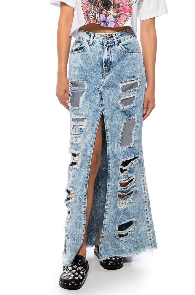 YOUR NEW FAVORITE DISTRESSED FLARED JEAN MIDI SKIRT view 0
