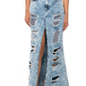 Front View Show It Off Front Slit Distressed Denim Maxi Skirt