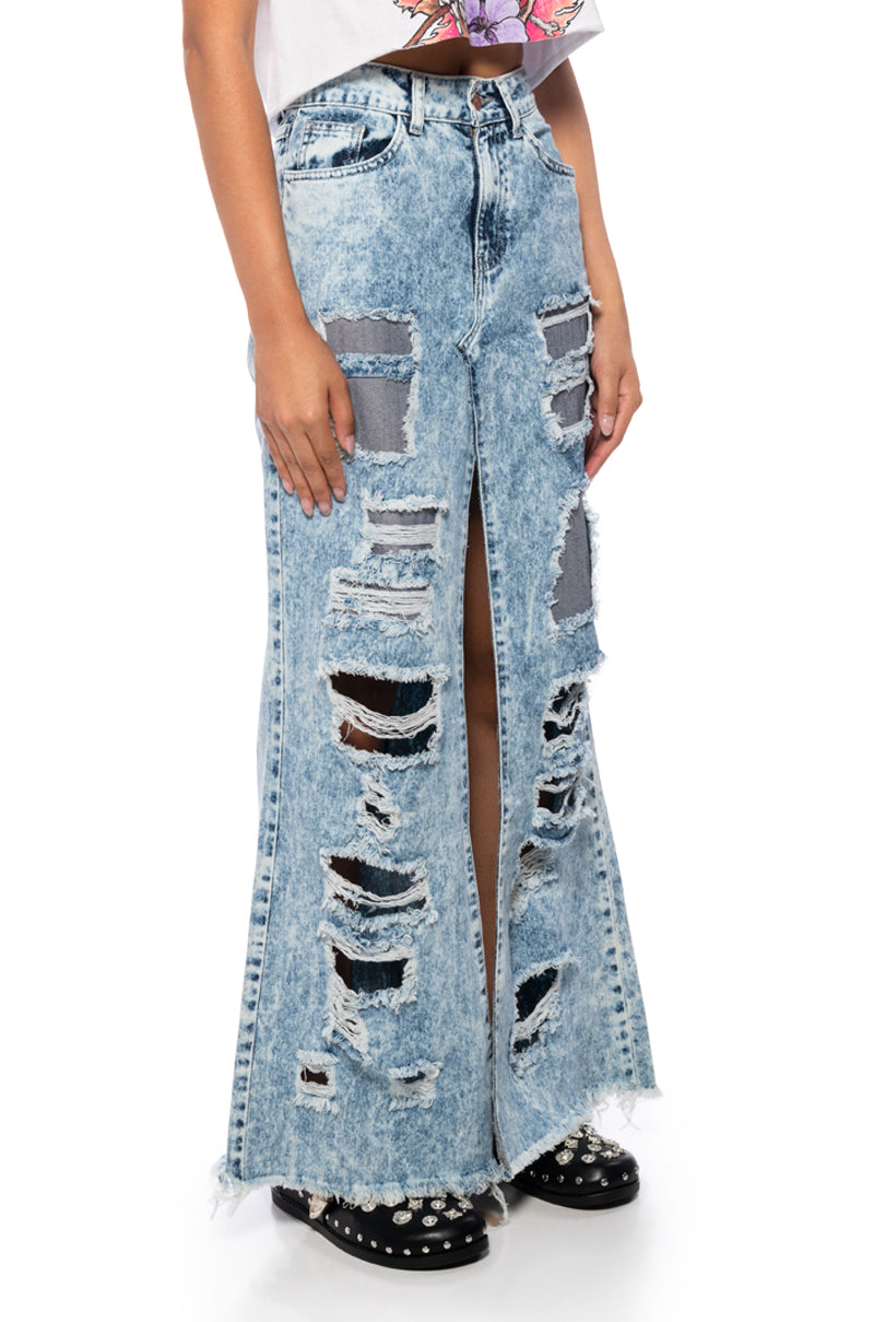 Side View Show It Off Front Slit Distressed Denim Maxi Skirt