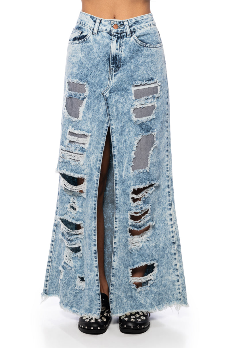 Full View Show It Off Front Slit Distressed Denim Maxi Skirt
