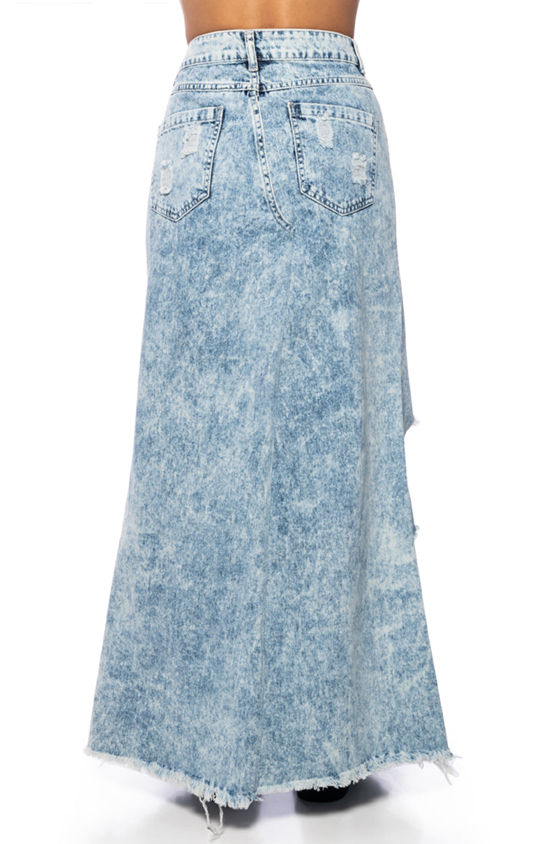 Extra View Show It Off Front Slit Distressed Denim Maxi Skirt