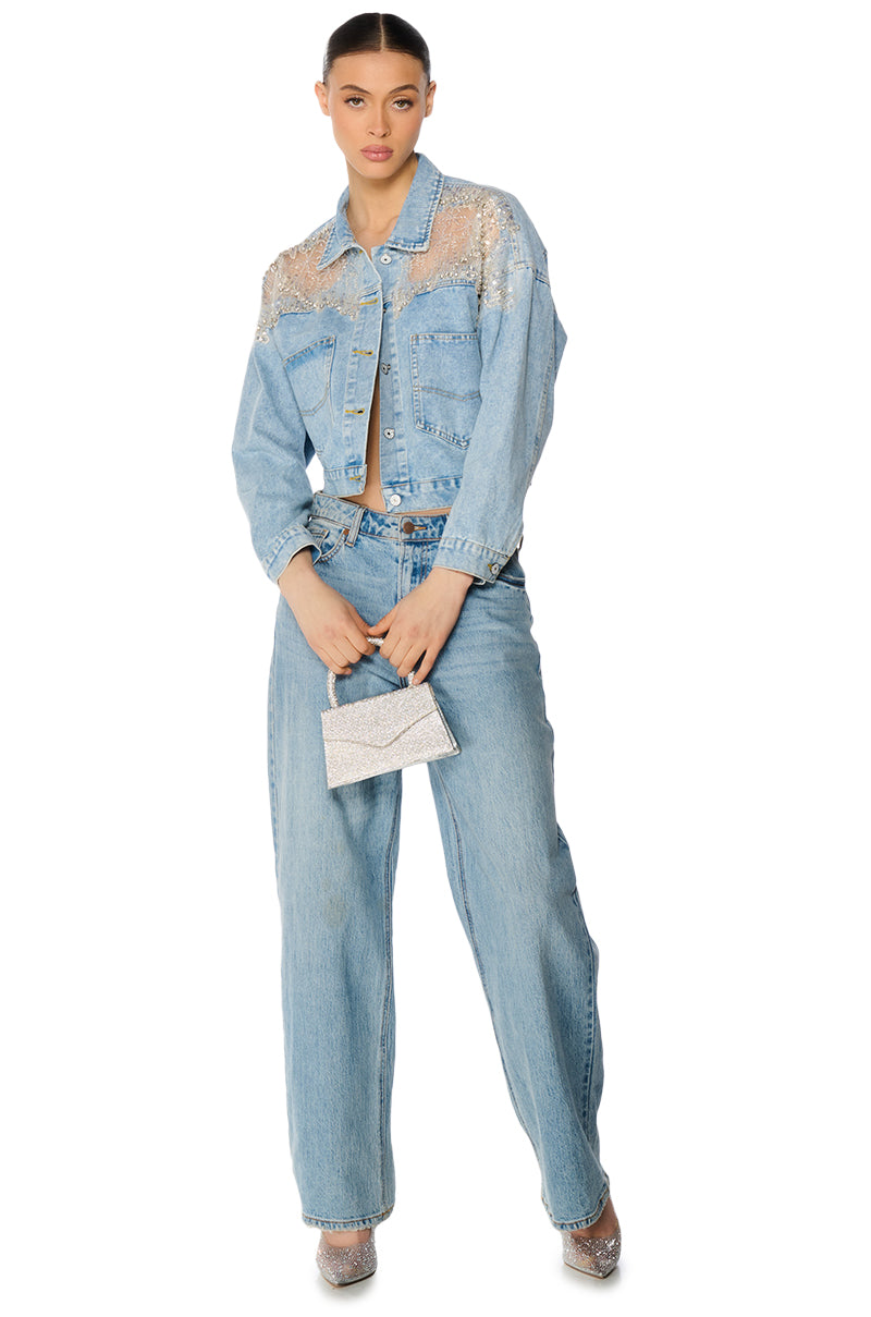 Back View Show It Off Sequin Denim Jacket