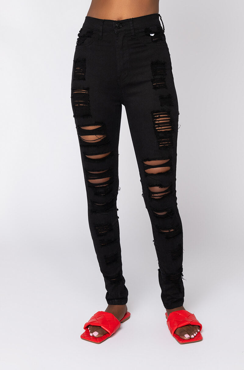 Front View Show Me Baby Distressed Skinny Jeans in Black