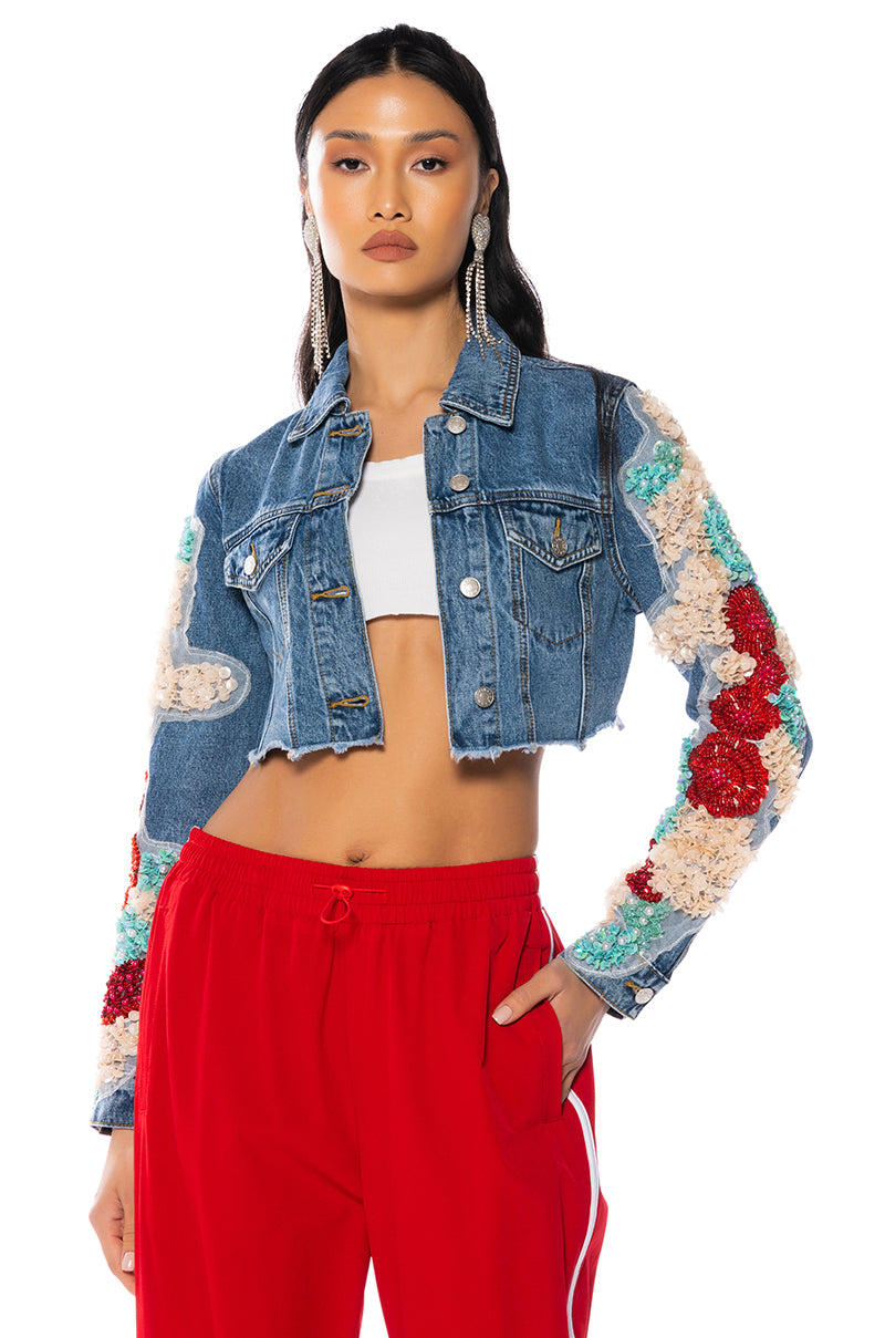 Front View Show Off Applique Denim Jacket